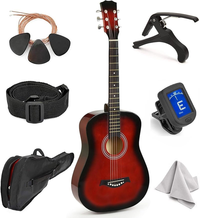 Masterplay Left Handed Acoustic Guitar For Kids By MasterPlay- 30” Beginner Guitar For Learners- Accoustic String Starter Kit: Guitar Bag, Tuner, Strap, Extra Strings, Picks, Wash Cloth, Capo (Redburst) - Image 1